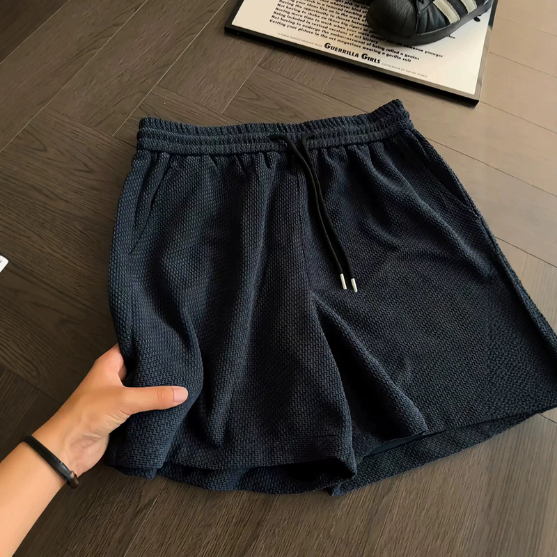 Navy Blue Sports Shorts for Men, Summer Thin Textured Ice Silk Breathable Pants for Outdoor Wear, Fitness, and Casual Wear