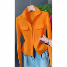 双拉链针织开衫女2025春季新款Polo领纯色毛衣百搭长袖外搭上衣