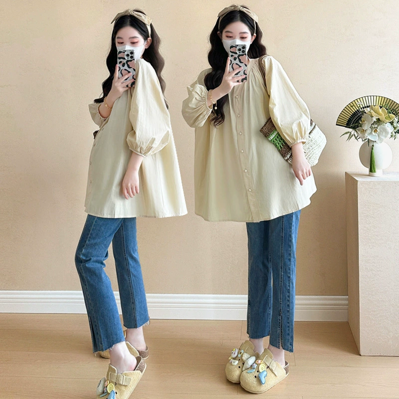 Пятно для беременных одежды 2025 весна новые длинные рукава средние и длинные рубашки для беременных