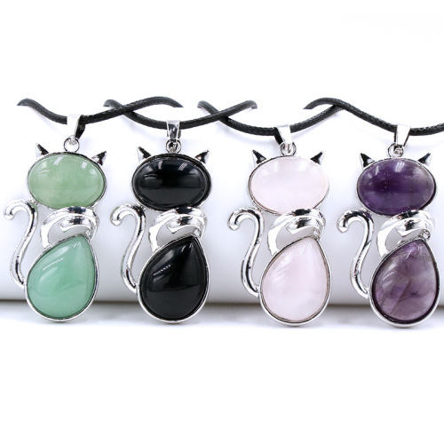 Natural Stone White Crystal Rose Quartz Amethyst Inlaid Cat Multi-color Pendant Cute Pet Necklace New Arrival for Foreign Trade