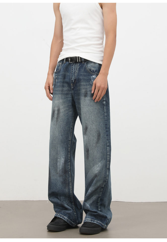 Quần jeans nam ống loe nhẹ dáng suông, họa tiết graffiti phun sơn phong cách đường phố — Màu xanh dương chi tiết 8