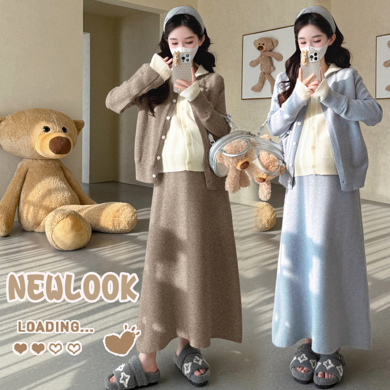 孕妇装2025秋冬新款甜美韩版时尚假两件外套+托腹调节半身裙套装|undefined