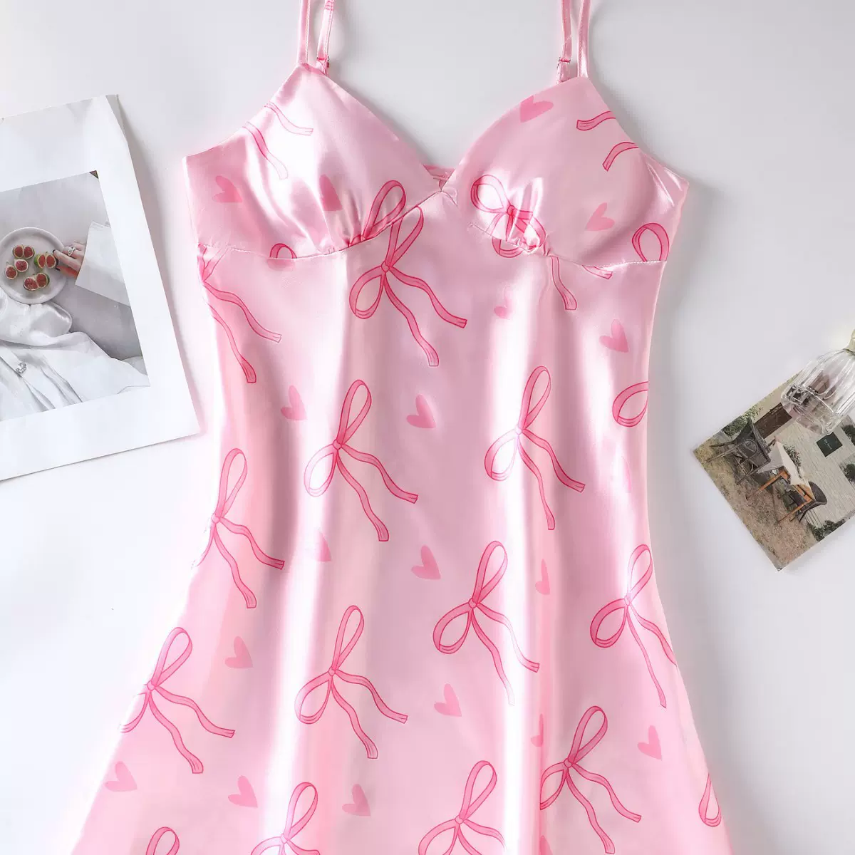 跨境外贸色丁性感夏季吊带V领睡裙蝴蝶结印花光面女士优雅家居服