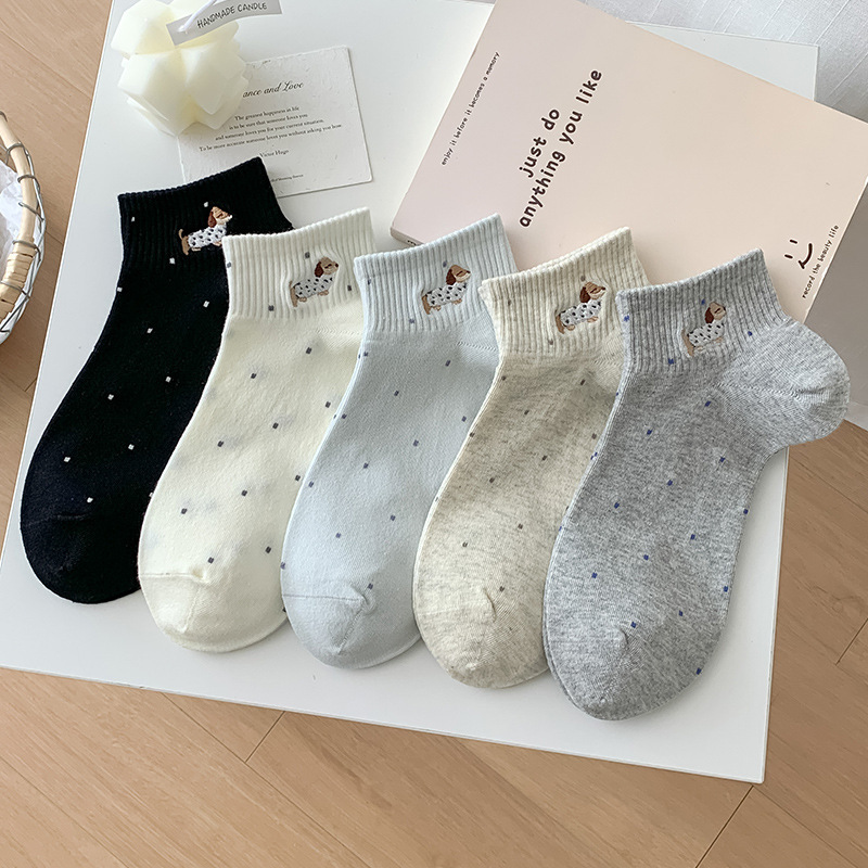 Spring and Summer Socks Women's Cute Cartoon Embroidered Dachshund Dot Short Tube Ins Trendy Japanese Outfit All-match Cotton Socks