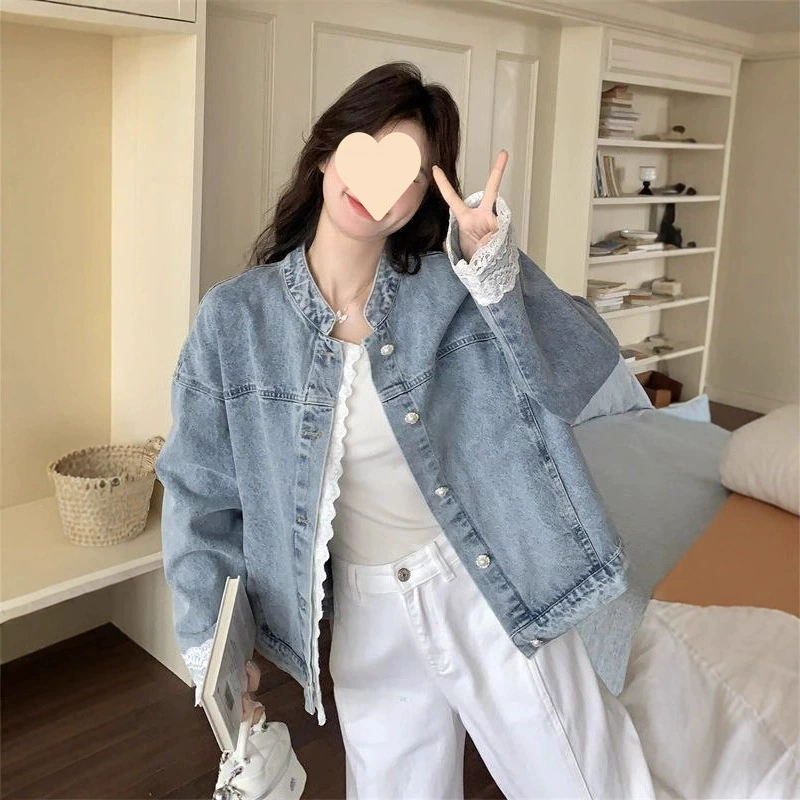 Джинсовая куртка с кружевными вставками для женщин, весна-осень 2025, новая повседневная суперпопулярная куртка в корейском стиле с высококачественным ощущением
