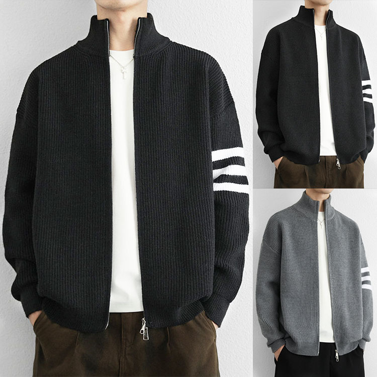 Three-Stripe Knit Sweater Men's Cardigan Jacket Autumn Winter Loose Lazy New Popular Foreign Trade Cross-Border Wholesale Three-Stripe Knit Sweater Men's Cardigan Jacket Autumn Winter Loose Lazy New Popular Foreign Trade Cross-Border Wholesale