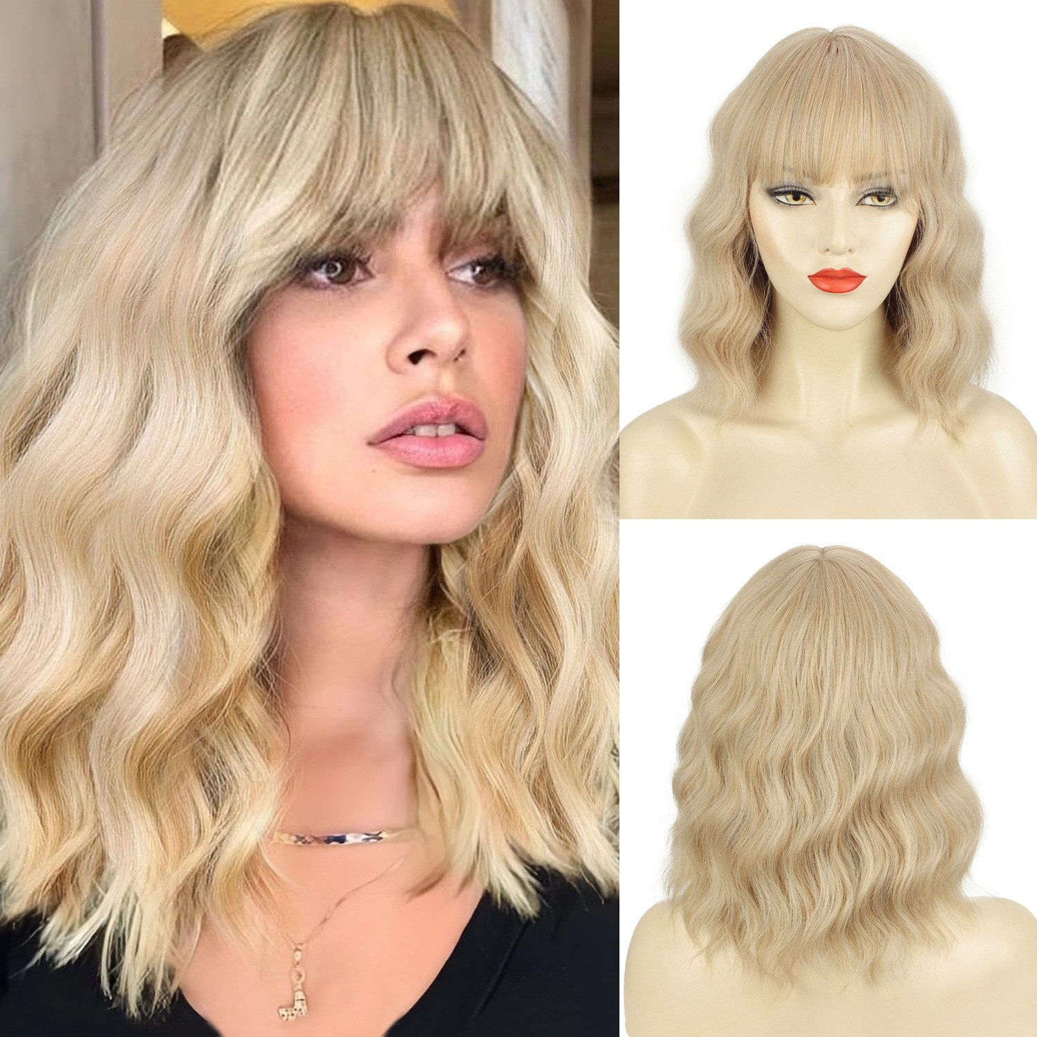 Parrucca da donna con frangia, capelli corti, mossi e ricci, taglio bob, parrucca multicolore realizzata a macchina_voghion.com