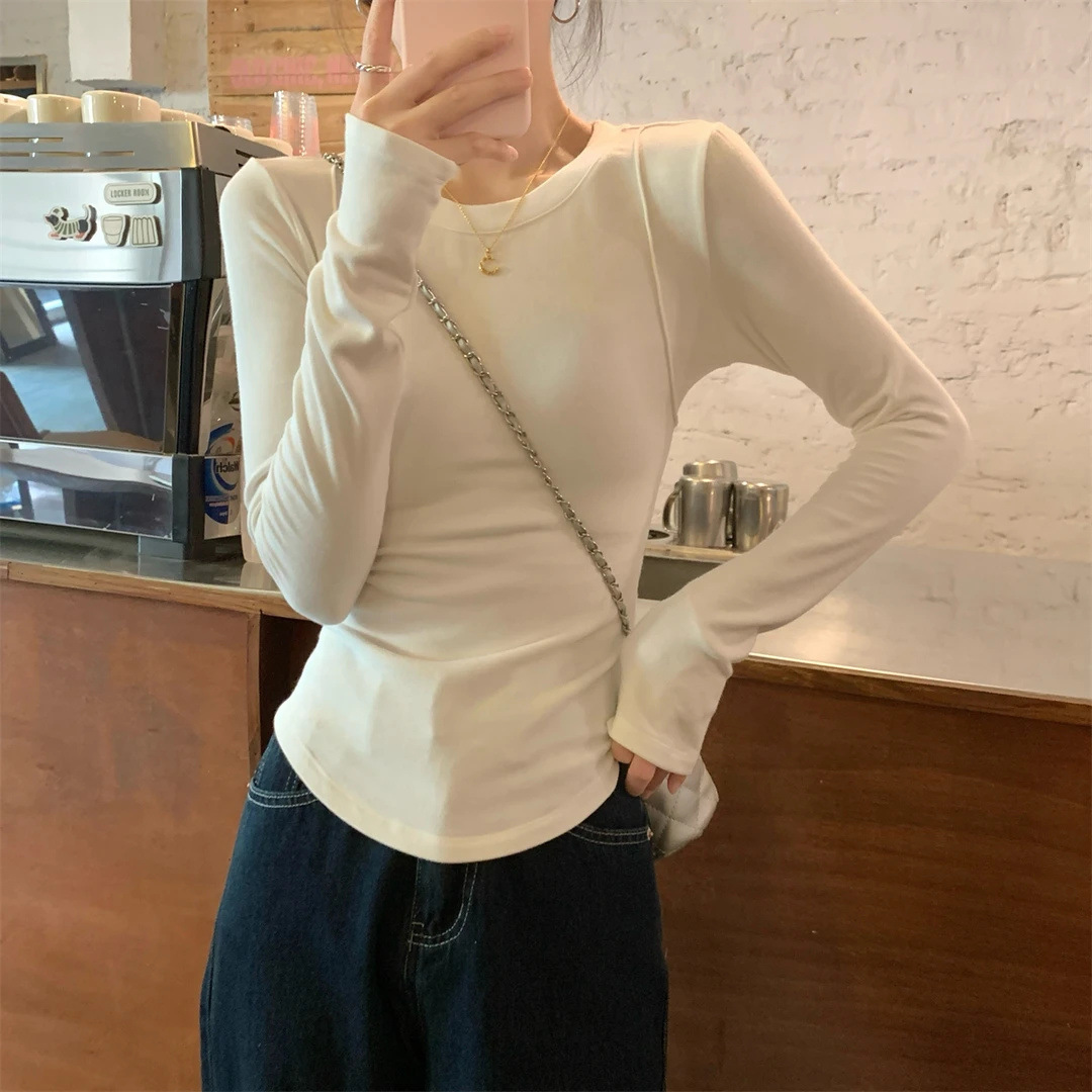 跨境磨毛圆领加绒打底衫女内搭秋冬2025新款独特别致长袖t恤修身