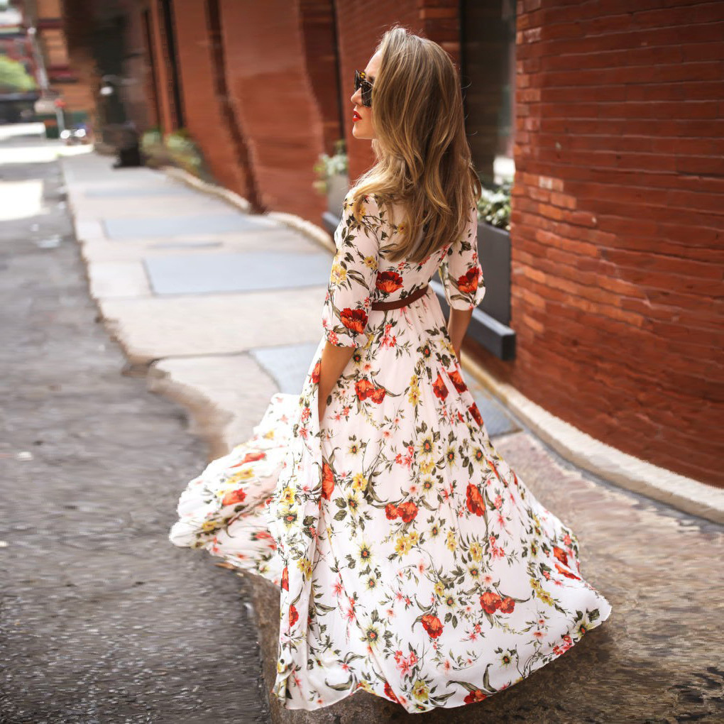 Robe ceinture transfrontalière à imprimés européens et américains, style bohème, col rond, manches trois-quarts, jupe longue._voghion.com