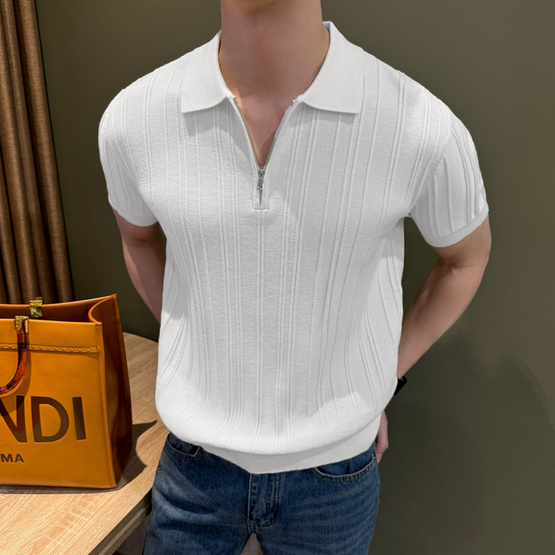 Zipper jersey polo de manga corta hombre verano americano retro commuting suelto vertical rayas pozo cuello camiseta hombre