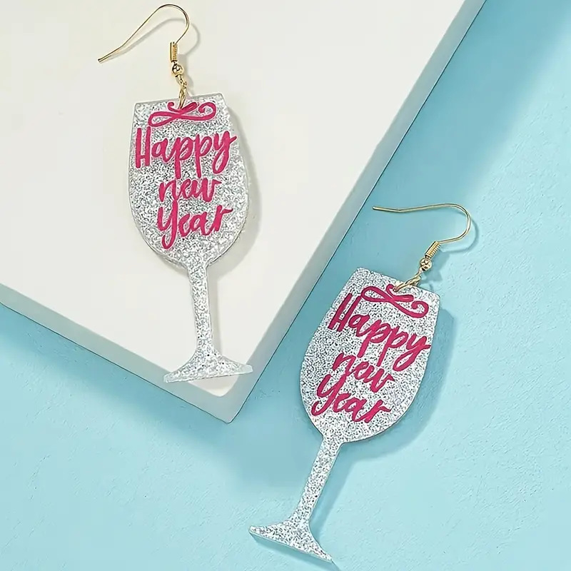 Christmas Festival Letter, Wine Glass Pattern 1 Pair Cute Letter Wine Glass Printing Oval Arylic Drop Earrings