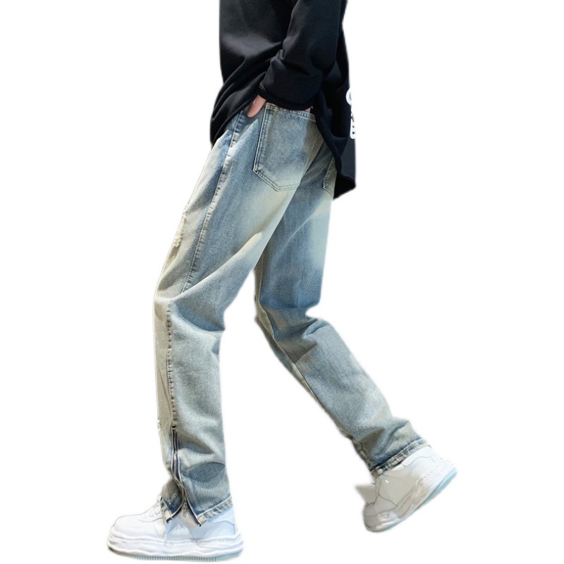 Ripped Jeans Men's Niche Design Sense European and American High Street vibe Fashion Brand American Summer ins Zipper Pants Men