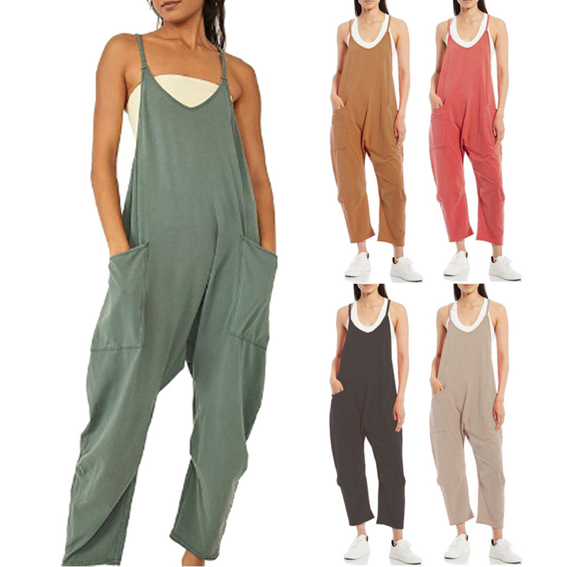 2022 Amazon Independent Station New Loose Foreign Trade Women's Solid Color Patch Pocket Zipper Jumpsuit Suspender Jumpsuit