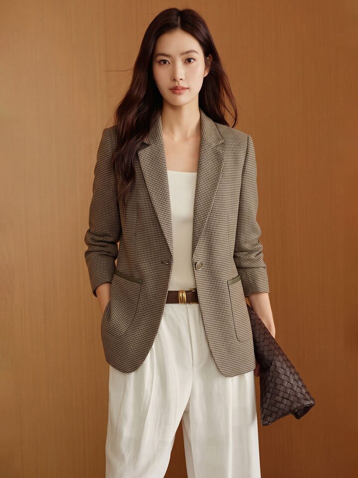 Áo vest nữ dáng trung dài họa tiết kẻ ô, tay dài cổ vest một hàng khuy — Xanh lá cây nhạtcolor