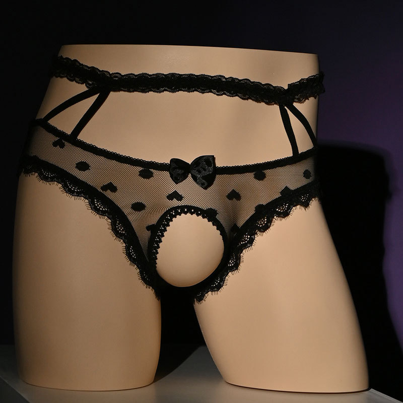 Sexy Lace Panties with Polka Dots, Mid-Waist, Pure Cotton Crotch, Breathable, Faux Strap, Open-Crotch, Young Girl Shorts, Women's Briefs