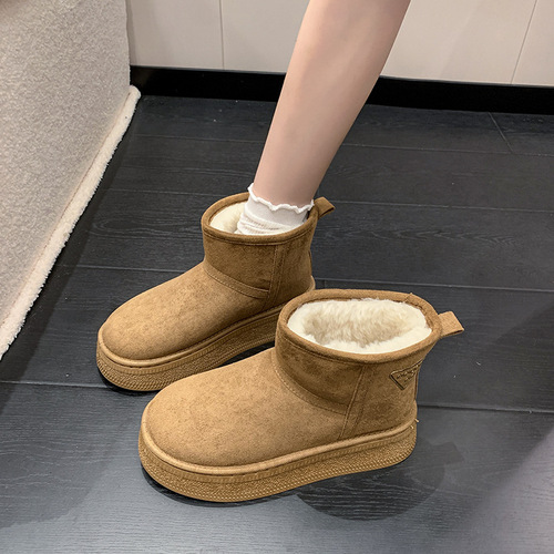 Women's Thick-Heeled Short Snow Boots 2025 Winter Warm Fleece Lined Leather-Fur Integrated Snow Boots Slipper Boot