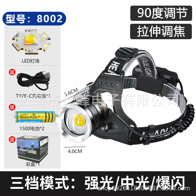 Faro P50 al aire libre transfronterizo de larga resistencia de aleación de aluminio enfoque telescópico de carga USB lámpara de pesca montada en la cabeza lámpara de minero