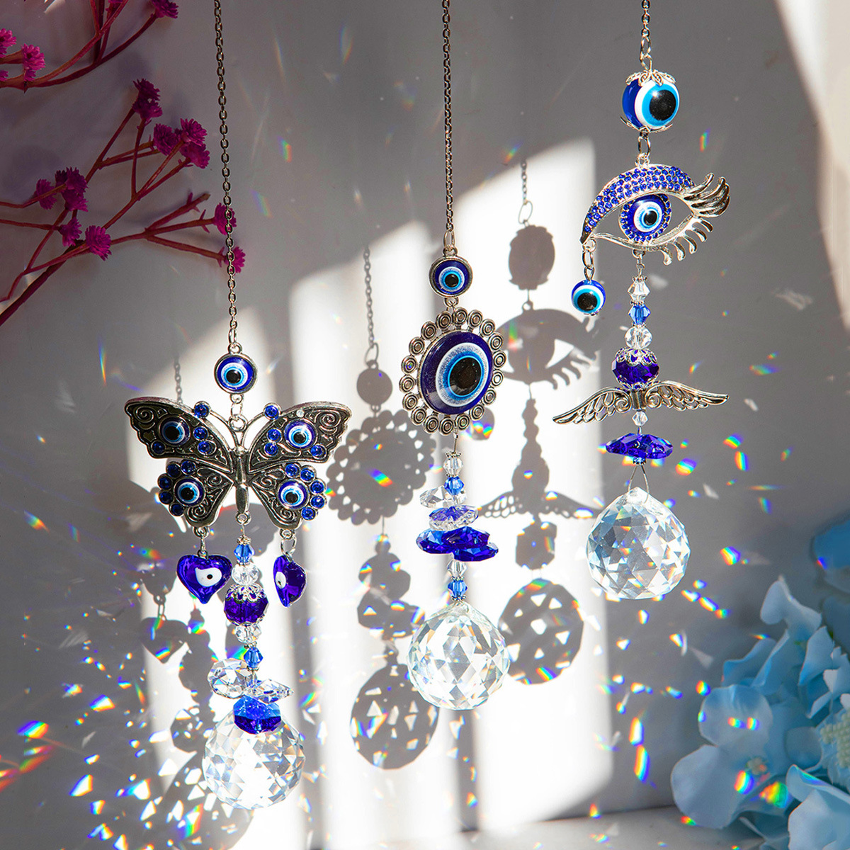 64g Weight Suncatcher, Wind Chime Home Textiles & Decor Type Crystal Pendant Classification 1 Piece Quantity Casual, Holiday, Daily Occasion Alloy, Crystal Material Devil's Eye, Butterfly Pattern Elegant, Pastoral Style Elegant Pastoral Devil's Eye Butterfly Alloy Crystal Suncatcher Wind Chime Wall Art 1
