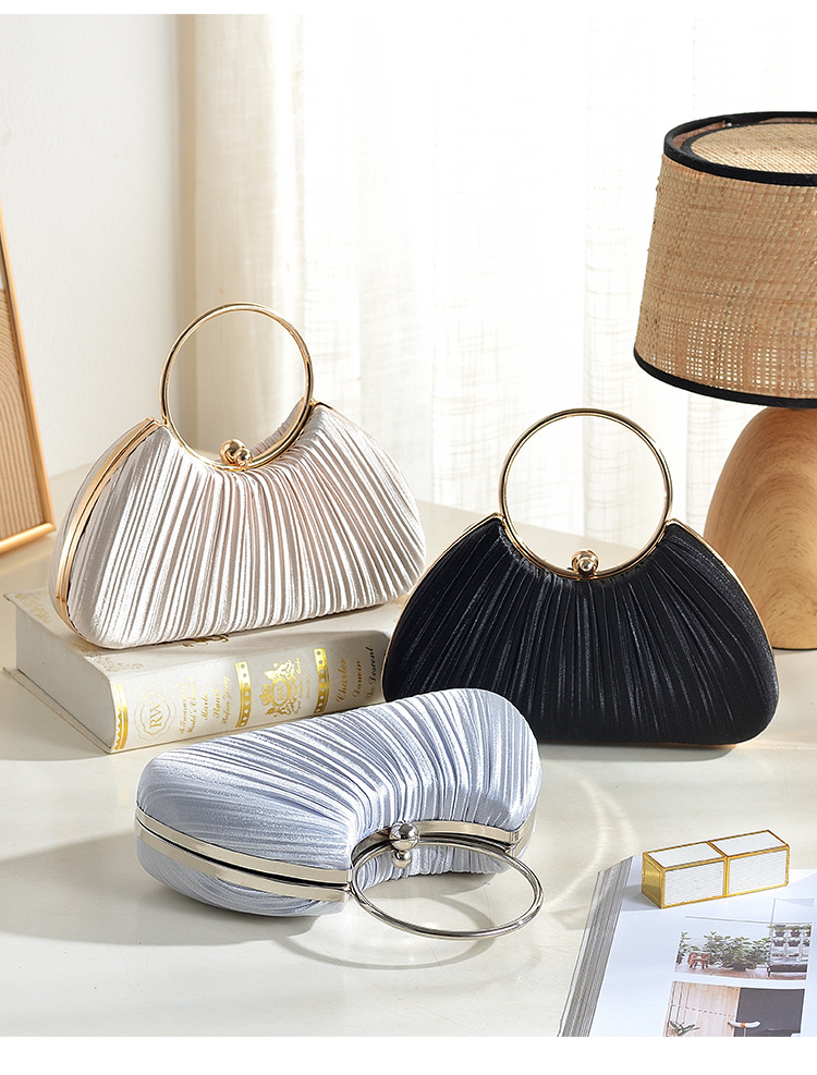 Túi clutch dạ tiệc satin xếp ly hình vòng tròn, phong cách sườn xám, có dây đeo chéo — Màu mơ, Màu trắng, Màu bạc, Màu hồng chi tiết 3