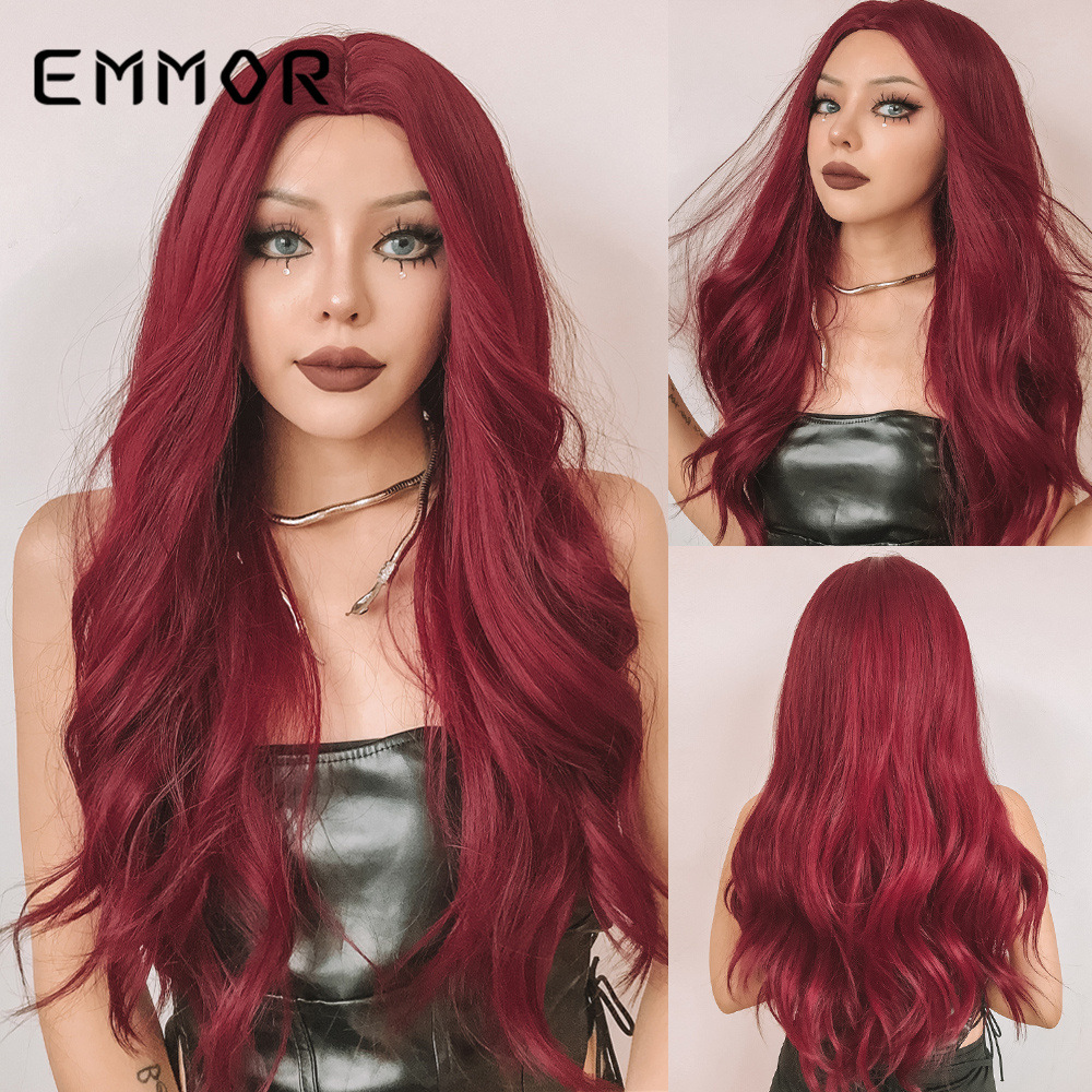 Celebridad de Internet, el más vendido, color de cabello burdeos degradado, parte media, pelo largo y rizado, peluca de fibra química para Halloween, flequillo de aire