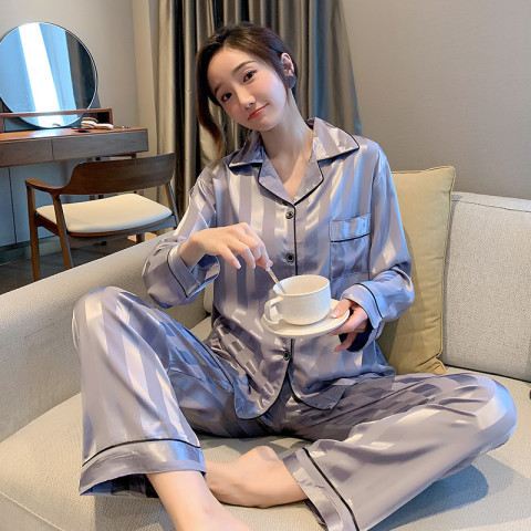 Striped silk-like ice silk pajamas women's Korean-style jacquard home wear new two-piece live delivery cross-border wholesale