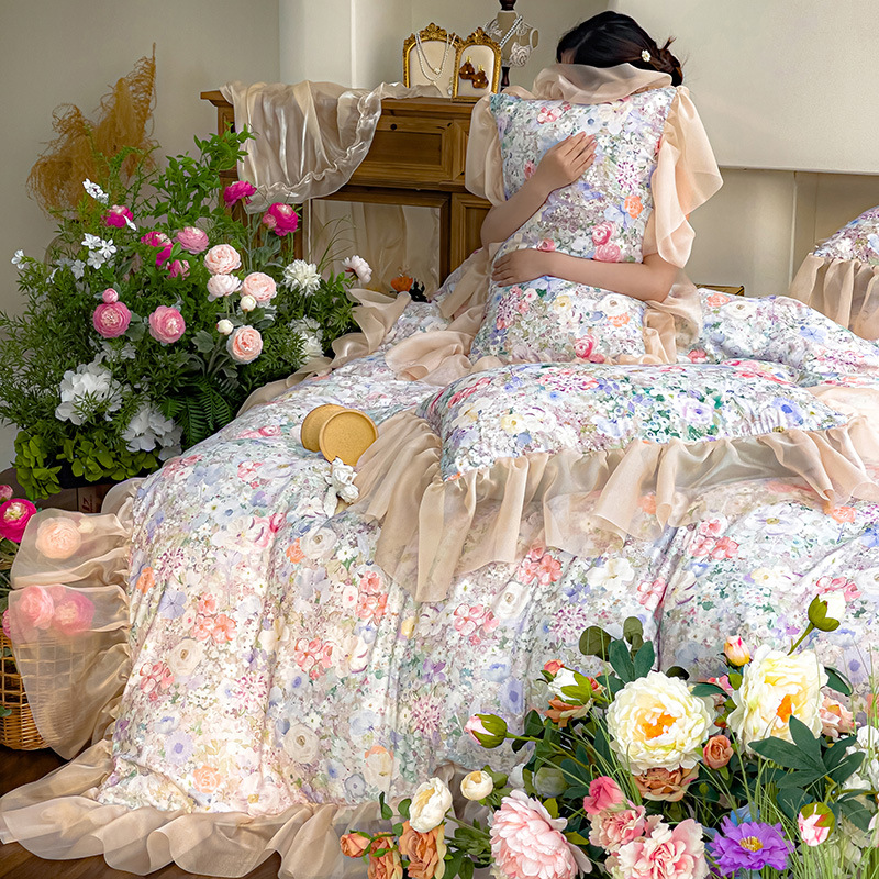 Nordic French Vintage Boho French-style Oil Painting Vintage Washed Cotton Four-piece Set, Fairy-like, Beautiful Romantic Duvet Cover, Bed Sheet,_voghion.com