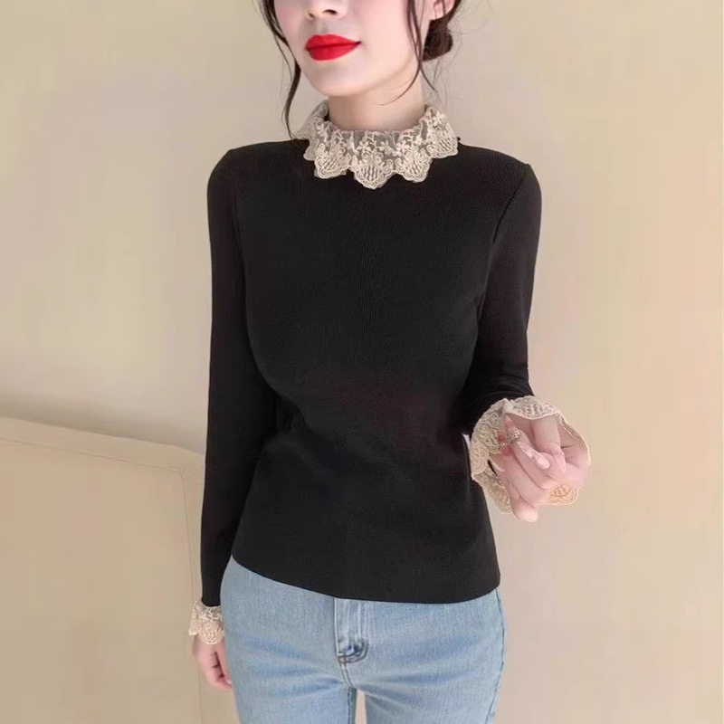 2026 Spring and Autumn Korean-Style Lace Color-Blocking Half-High Collar Long-Sleeve New Slim-Fit Gentle Fashion Top Ins Trend