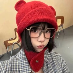 2025秋冬季新款毛线帽子女可爱小熊护耳骑车保暖针织围巾围脖一体