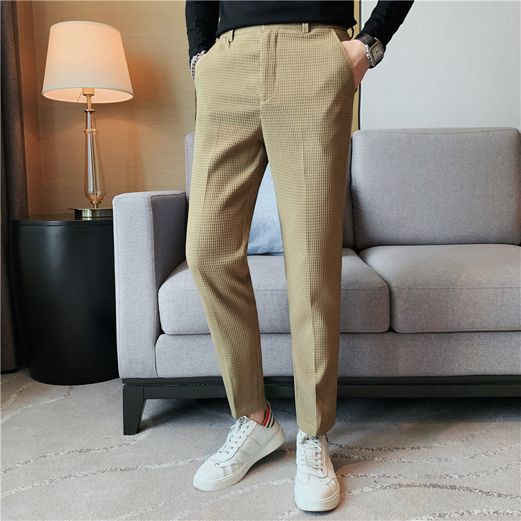 Pantalon décontracté droit gaufré à la mode et simple de marque tendance paresseuse, pantalon slim à petite jambe, pantalon d'affaires suspendu_voghion.com