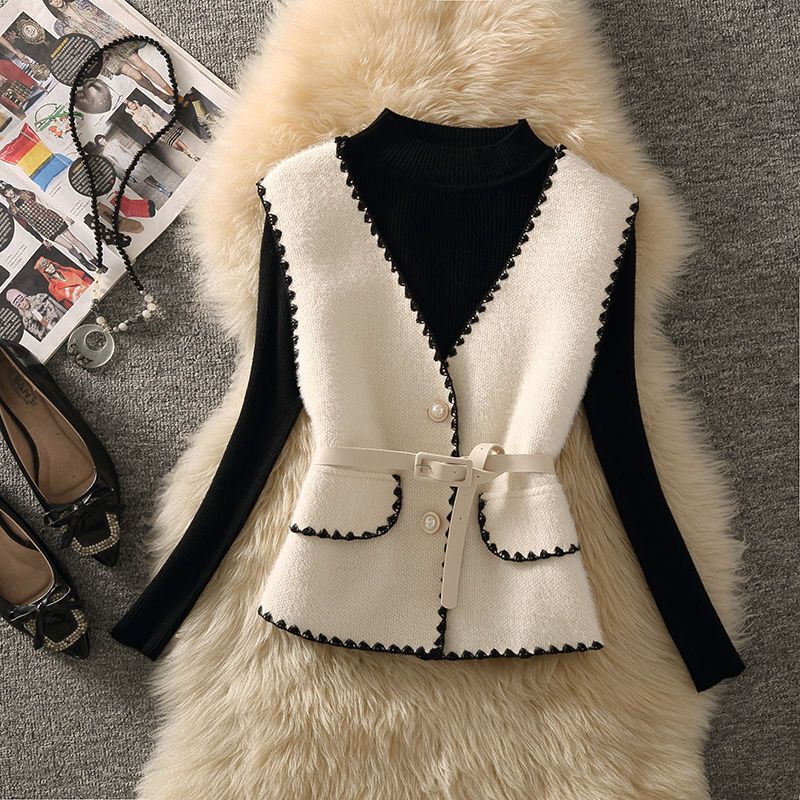 Spring and Autumn Contrast Color Lace Vest Jacket Small Fragrance Suit Female Socialite Half Turtleneck Bottoming Shirt Sweater Two-Piece Suit