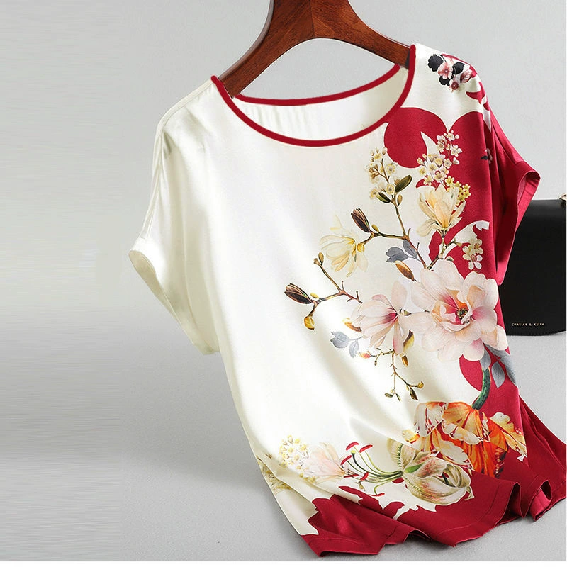 Silk T-Shirt for Women, Plus Size Mother’s Top, Round Neck, Summer Body-Friendly