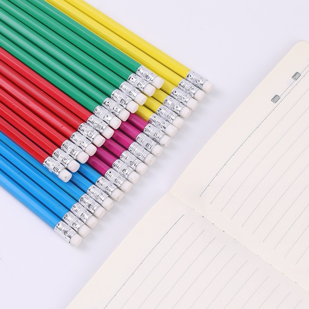 Lápices redondos y cuadrados de colores, artículos de papelería para estudiantes, lápices HB, venta directa del fabricante, lápices con gomas de borrar en la punta.