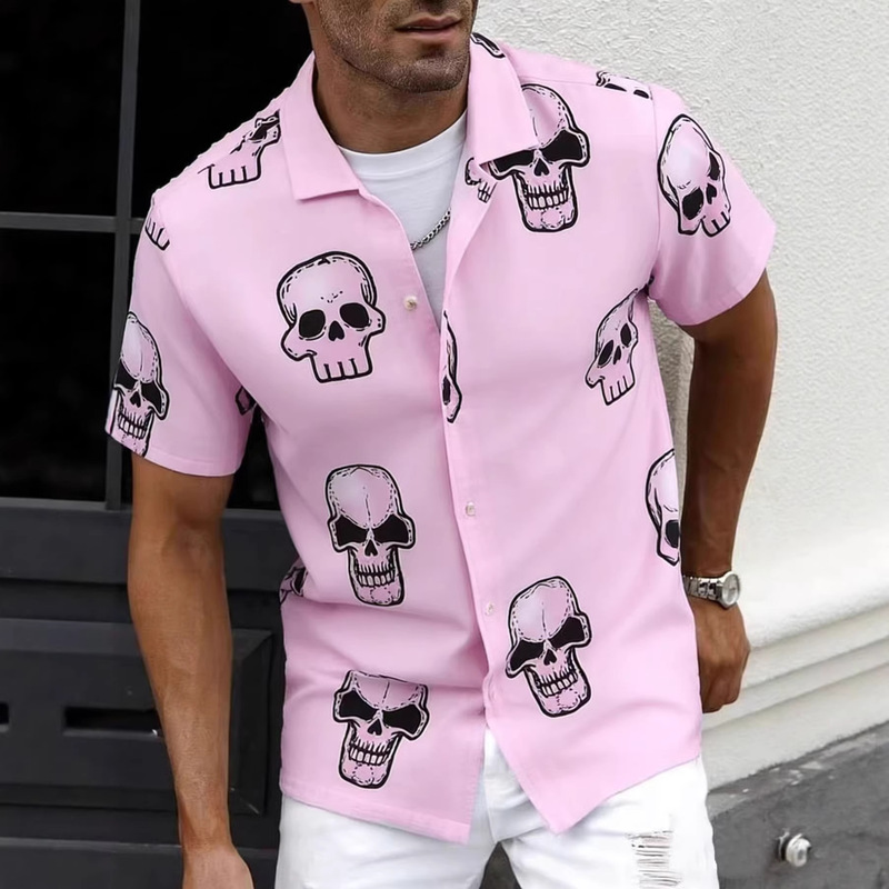 Men's Shirt Foreign Trade Men's Clothing Short Sleeve Men's Shirt Retro Pink Skull Summer Party Holiday New