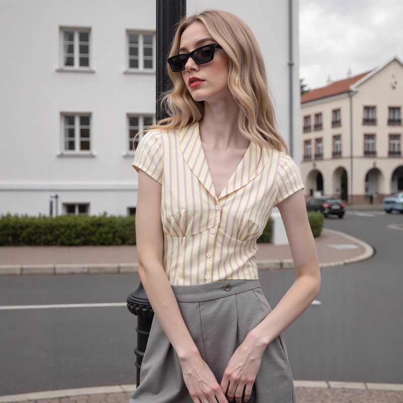 Cross-Border European and American New Style Amazon Casual Pleated Fashion Top French-Style Women's Striped Button Short-Sleeve Shirt Cross-Border European and American New Style Amazon Casual Pleated Fashion Top French-Style Women's Striped Button Short-Sleeve Shirt