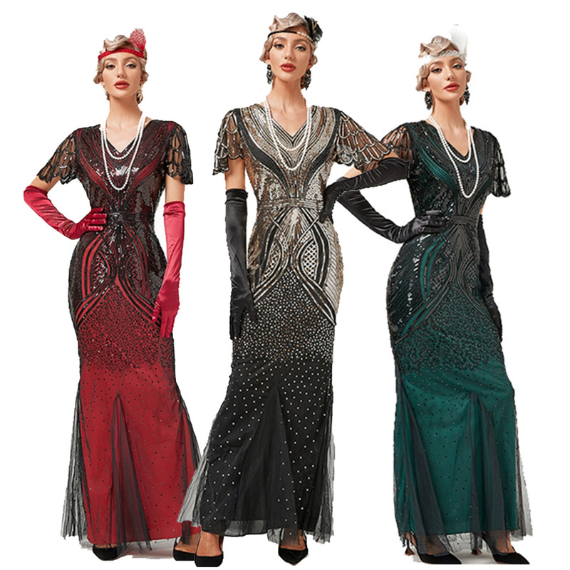 New 1920s Vintage Banquet Gatsby Hosts European and American Mesh Sequin Beaded Evening Dress Fishtail Dress New 1920s Vintage Banquet Gatsby Hosts European and American Mesh Sequin Beaded Evening Dress Fishtail Dress