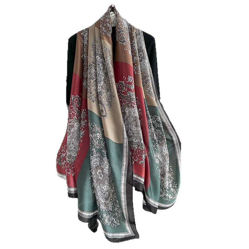 Pañuelo de seda fino de primavera y verano, pañuelo largo con estampado de alta calidad, nuevo pañuelo de protección solar de viaje de satén de seda, chal de viento étnico, protector solar femenino