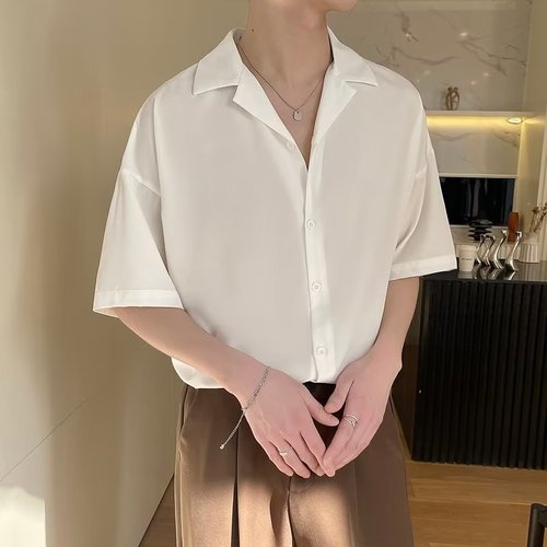 Chic five-sleeve Cuban collar summer origami-style shirt, Japanese minimalist new design standard men's trendy fashion youth popular