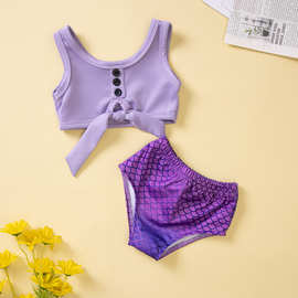 紫色背心纽扣绑带上衣+绒面三角短裤夏季款女童儿童套装 跨境专供