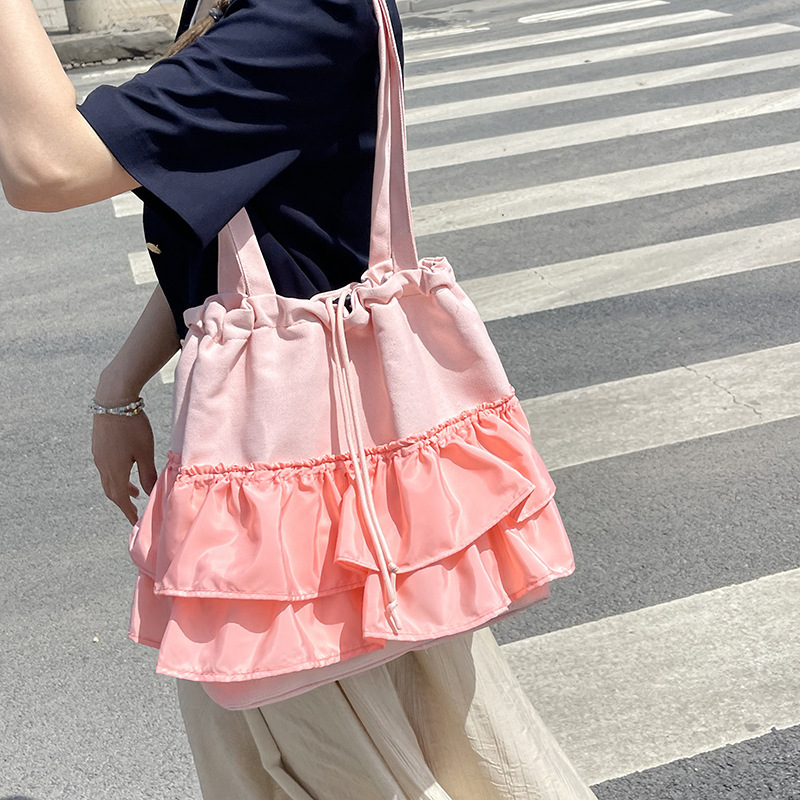 Cute Chanel Style Pleated Lace Large Capacity Women's Shopping Bag General Bag Artistic Casual Women's One-shoulder Underarm Bag