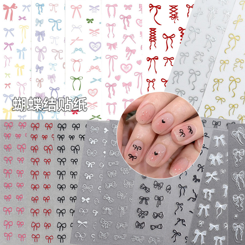 Bow Stickers, Ins-Style Journal Materials, Nail Art Decorations, Long Ribbons, Various Styles Mixed, Self-Selectable, Black DIY Pink