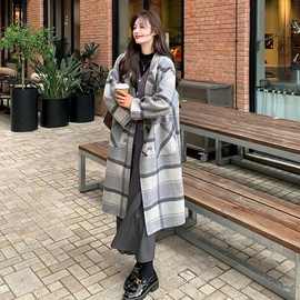 牛角扣格子双面毛呢大衣中长款2025秋冬新款韩版连帽呢子女装外套