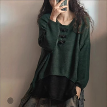 棉线卷边圆领长袖针织衫女炒色做旧宽松套头盘扣不规则上衣
