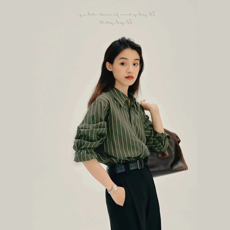 Hong Kong Style Vintage Green Striped Long Sleeve Shirt Women's Spring and Autumn 2025 New French Style Shirt Casual Commuter Top