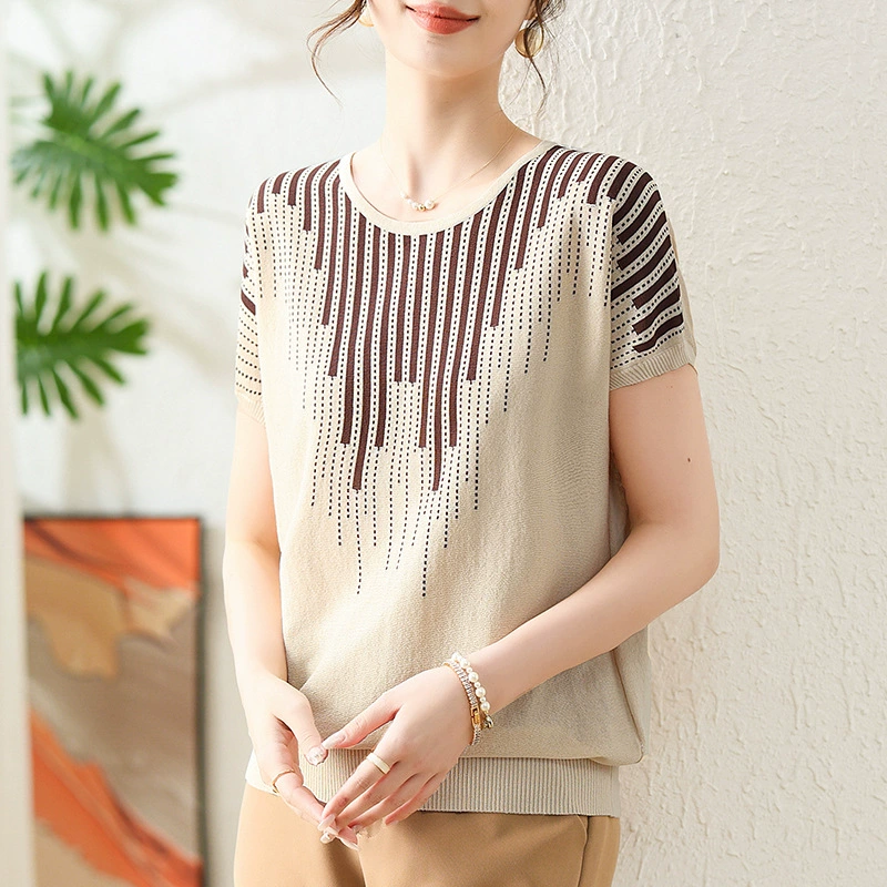 Лето 2025, летняя футболка с короткими рукавами для мам, модный летний костюм для женщин среднего и пожилого возраста, новый универсальный