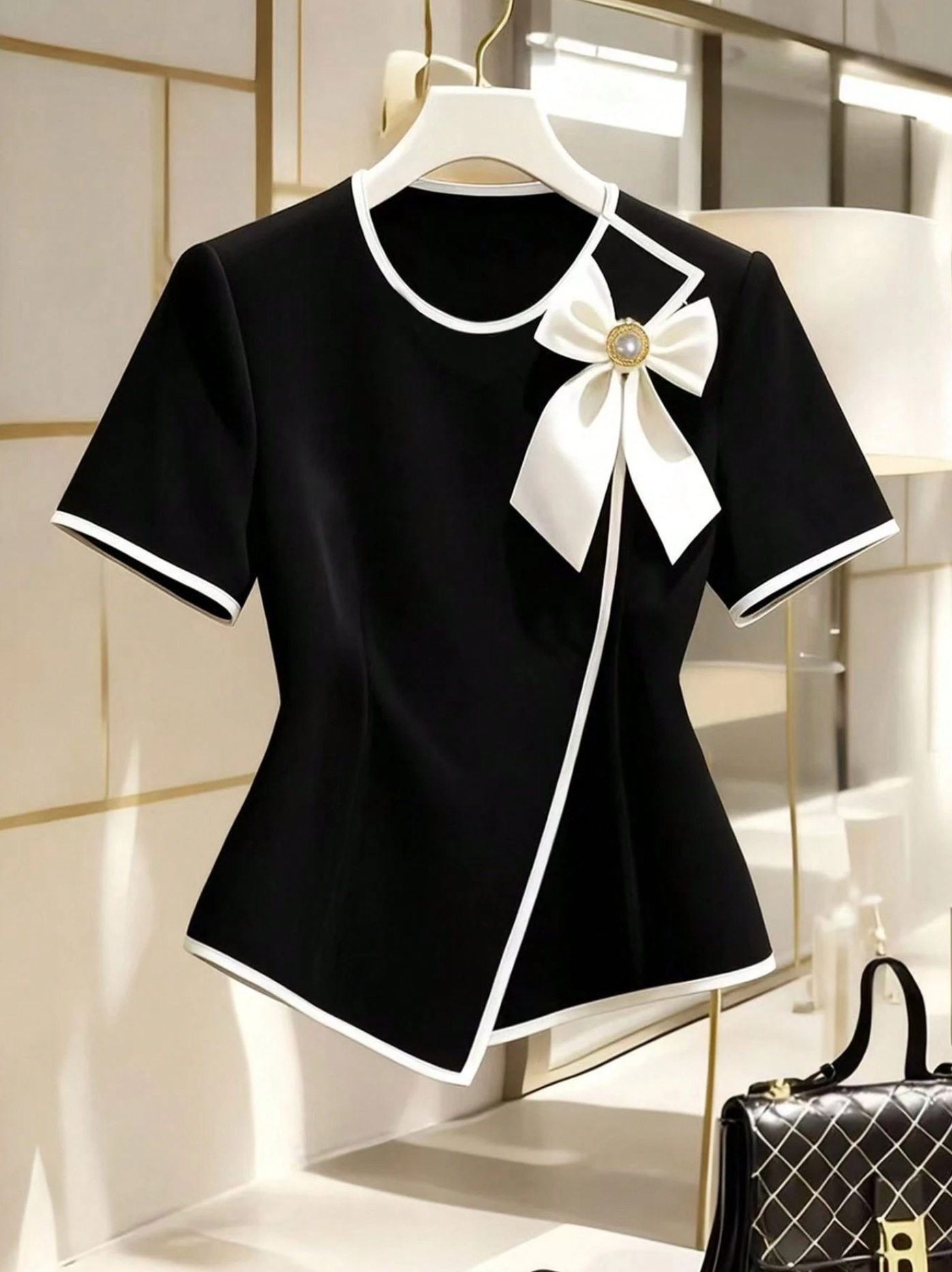 elegant asymmetrical design shirt with bow