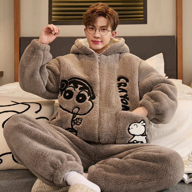 Thickened Coral Velvet Pajamas for Men in Autumn and Winter with Stand-Up Collar for Teenagers 16 Years Old and Older Boys Junior High School Students Home Clothes