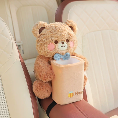 Car Tissue Box and Trash Can Two-In-One, Cute Bow-Tie Bear Car Storage Bin, Multifunctional Armrest Box Tissue Holder (Car tissue box/set) - bucket-holding-bear-dual-use-model