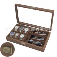 现货批发复古版黑胡桃木纹6位手表+3位眼镜收纳收藏展示盒多功能