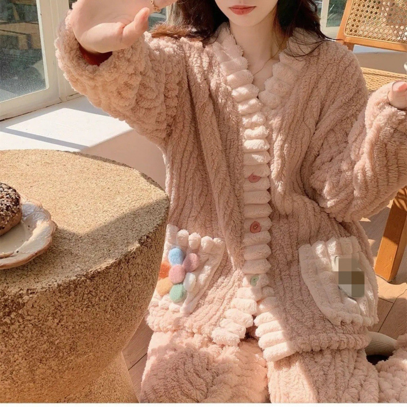 冬季珊瑚绒睡衣套装女秋冬加厚保暖开衫睡袍可外穿彩虹甜美家居服|undefined
