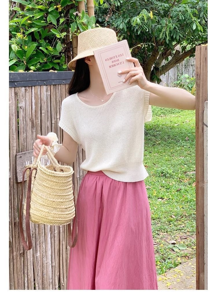 Áo thun dệt kim tay ngắn nữ 2026 mỏng nhẹ thoáng khí form ôm sát — xanh lam, Tên, Đỏ tươi, màu trắng ngà chi tiết 12